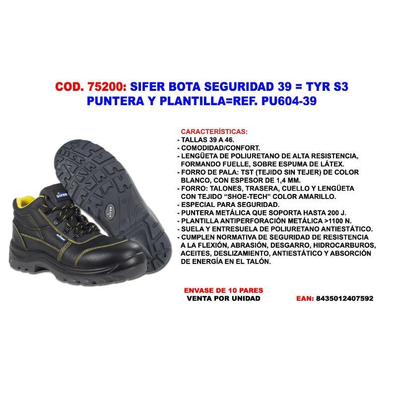 Sifer-safety bota seguridad 39 tyr s3 puntera+plant pu604-39