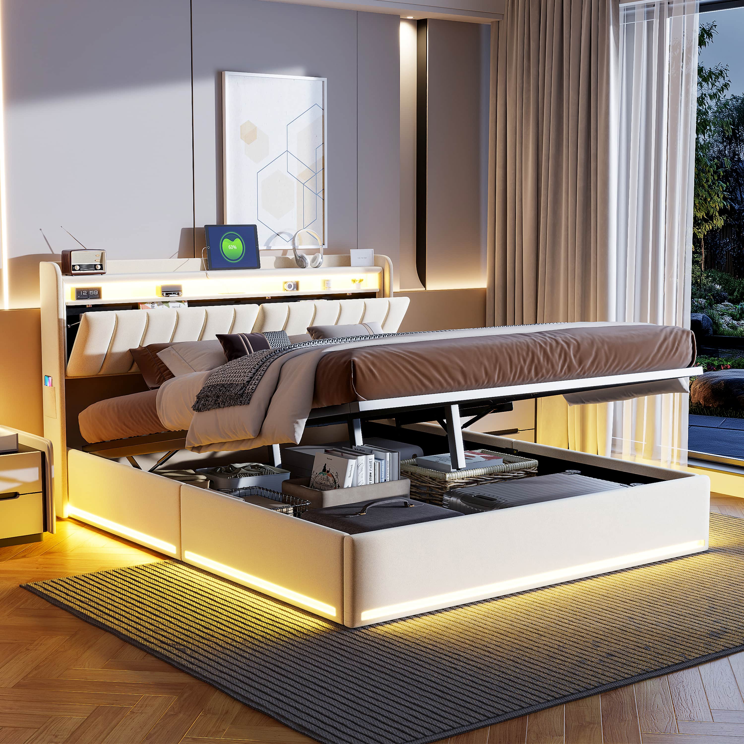 Lit coffre 160x200cm avec LED et ports USB, lit double avec espace de rangement et tête de lit, cadre de lit rembourré à lattes, velours, beige - 4