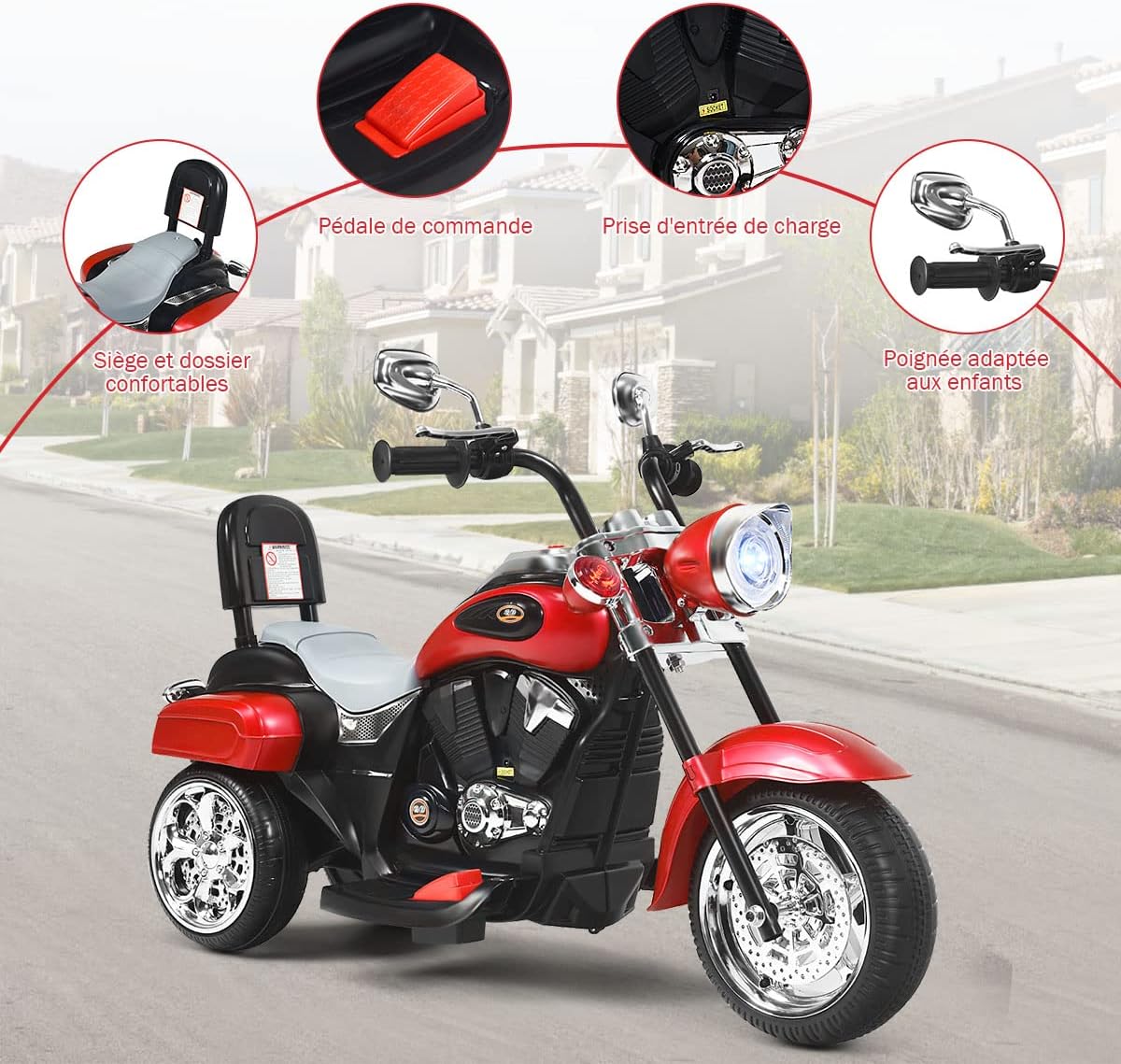Motocykl elektryczny dla dzieci 6 V z regulowanym reflektorem, trójkołowy motocykl elektryczny z dźwiękiem, klakson, lusterko wsteczne (czerwony) - 3