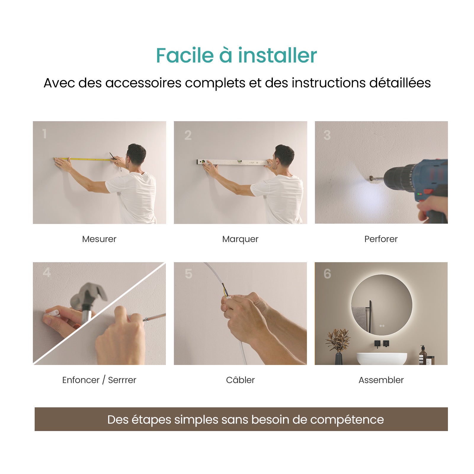 EMKE Miroir de Salle de Bain LED Rond Ø 50 cm, Sans Cadre, 3 Couleurs, Intensité Réglable, Design Épuré - 6