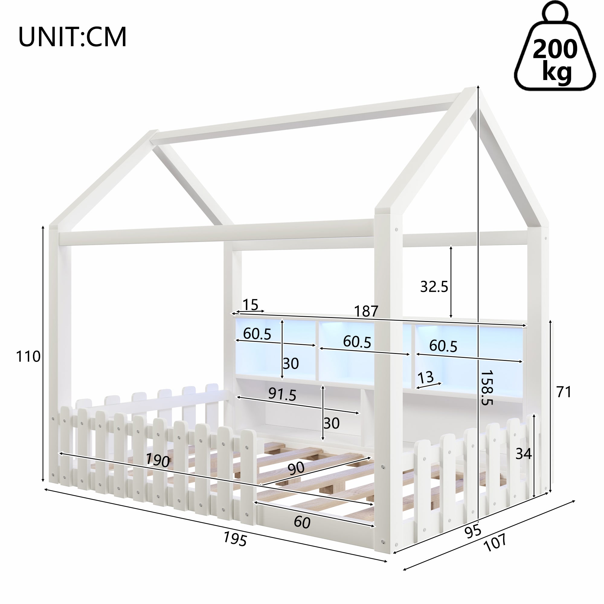 Lit cabane enfant 90x190 cm avec bande LED, Lit enfant avec barreaux, rangements ouverts, Lit plat en pin, style minimaliste, blanc,&nbsp;Sans matelas - 9
