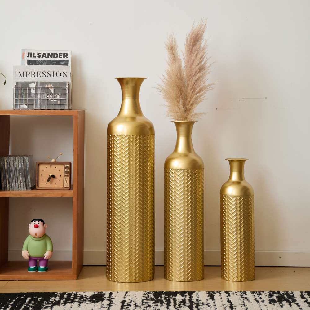 Grand vase métallique sur pied 83/65/50 cm – Set de 3 vases empilables pour fleurs sèches et pampas, décoration élégante salon et chambre - 9
