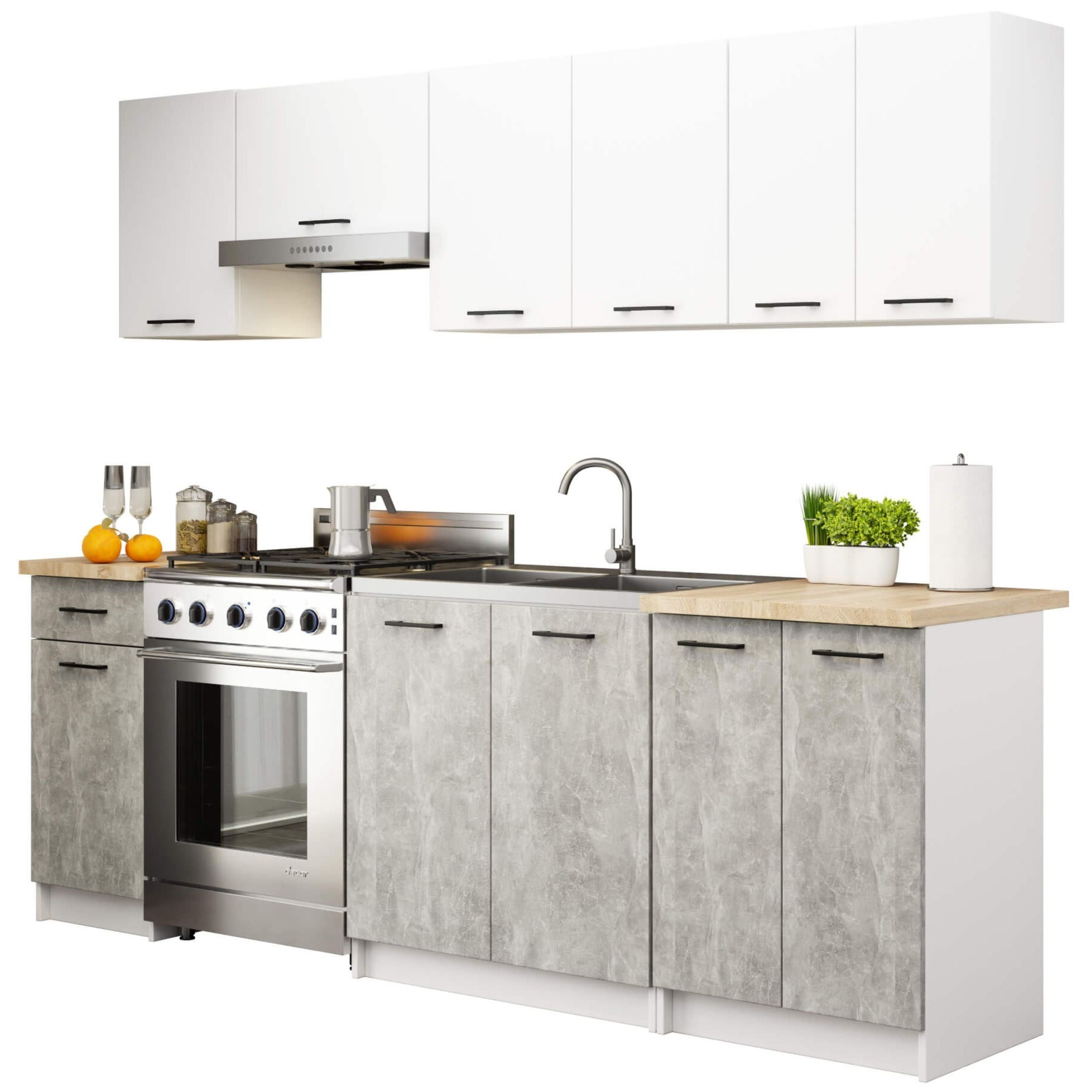 Zestaw kuchenny AKORD OLIWIA 2.4m Biały 240 cm 11 drzwi 1 szuflada kolor Beton mat 12 półek 240x46x203 cm