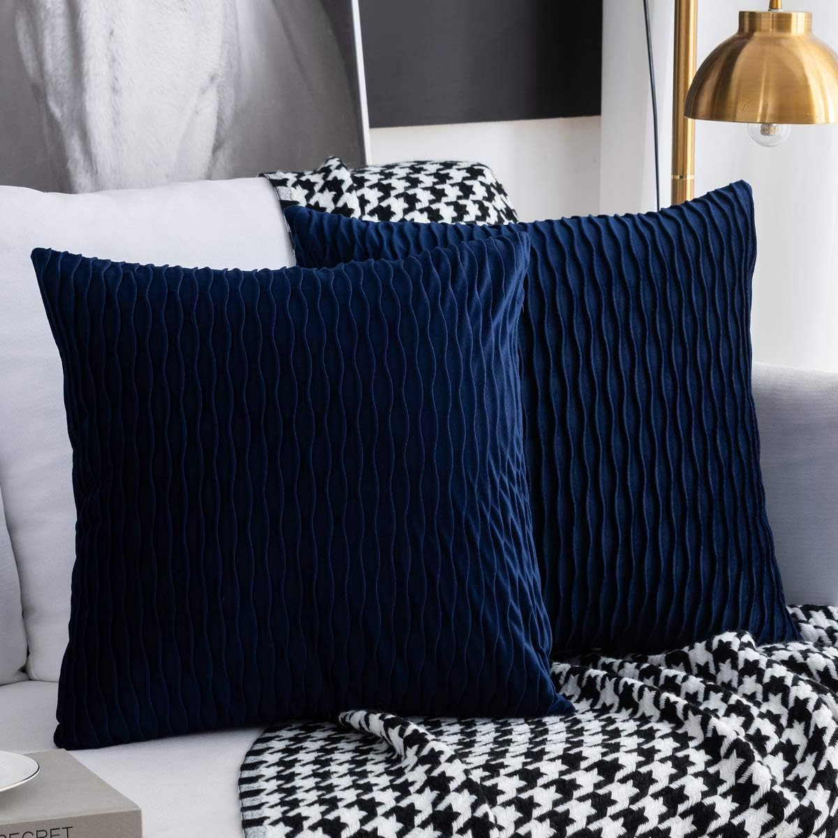 Set di 2 federe decorative quadrate in morbida ciniglia, 45 x 45 cm, con bordo orlato, per soggiorno, divano e letto, colore: blu navy