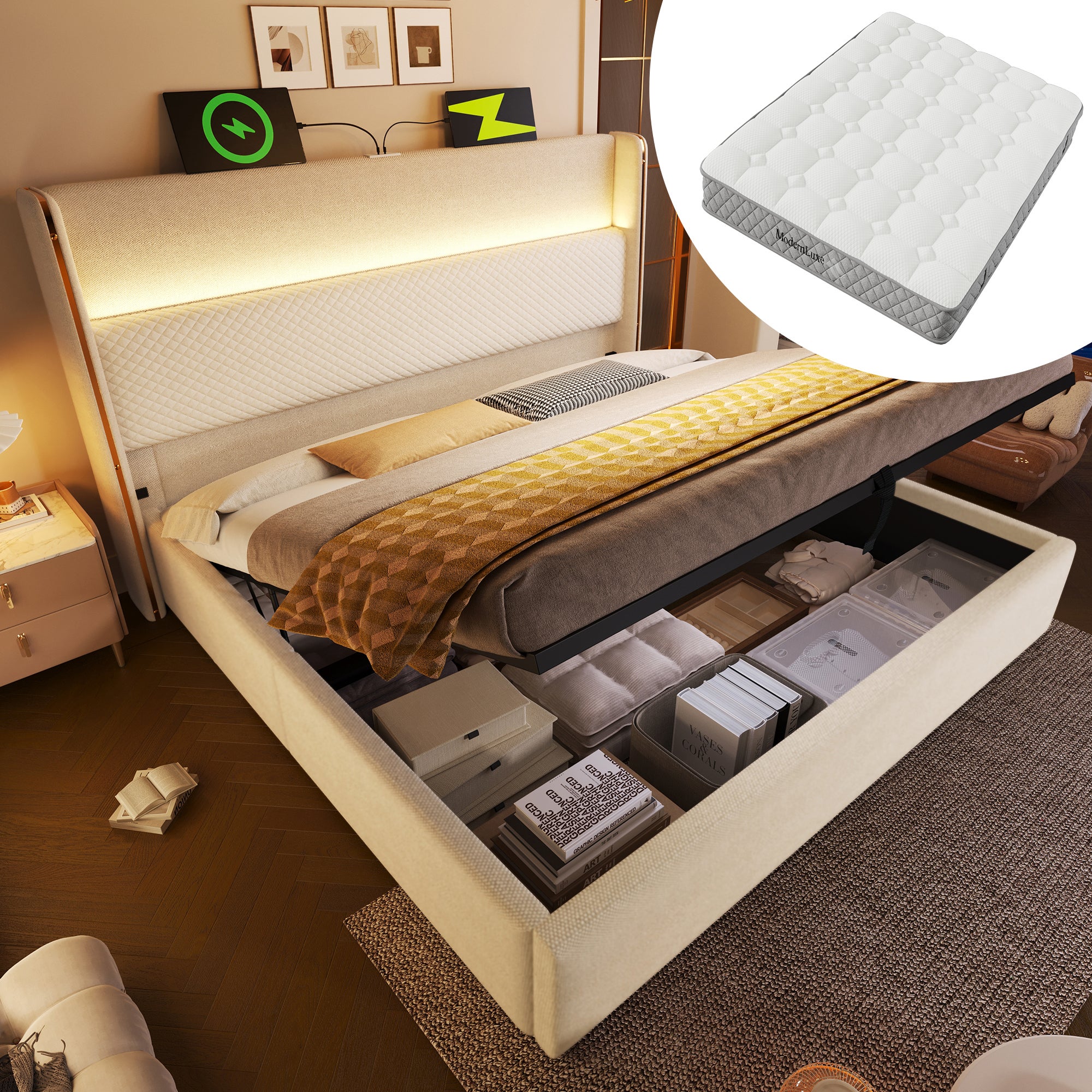 Łóżko tapicerowane 140x200cm, łóżko małżeńskie z oświetleniem LED, schowkiem i portami USB/Type-C, len, kolor beżowy, z materacem