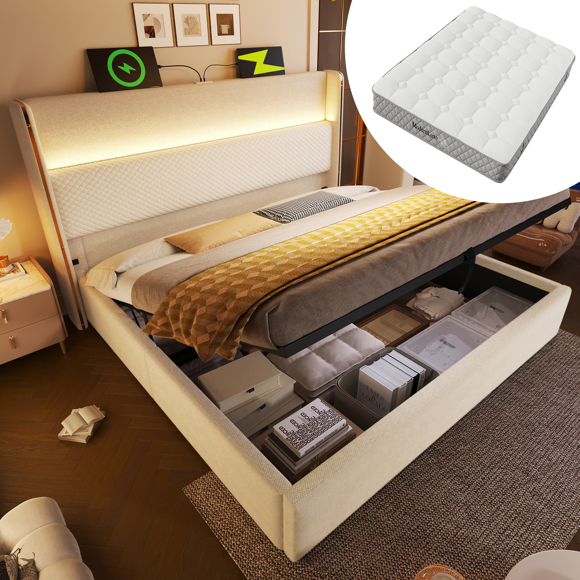 YYXLDYNB Letto imbottito 160 x 200 cm con illuminazione a LED, letto matrimoniale con 4 cassetti di stoccaggio, telaio letto matrimoniale con rete a doghe, letto cassetto, Beige bianco