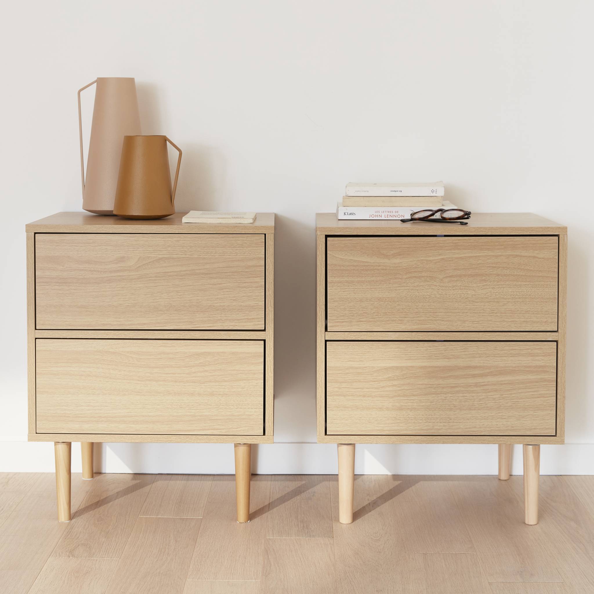 Mesita de noche con efecto madera natural, set de 2 Natural - 48x40x59 cm - 2