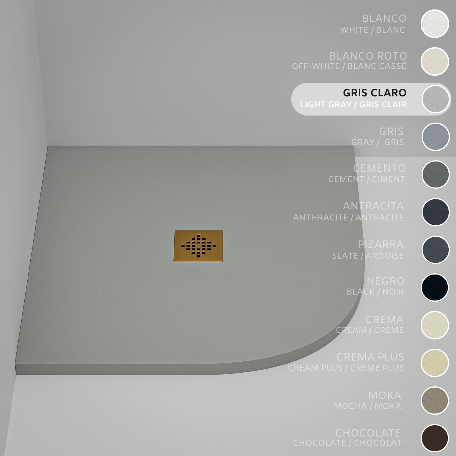 Brodzik półokrągły SOULHOME Żywica i Konglomerat Mineralny Antypoślizgowy 90x90 cm Jasnoszary - Kratka Gold