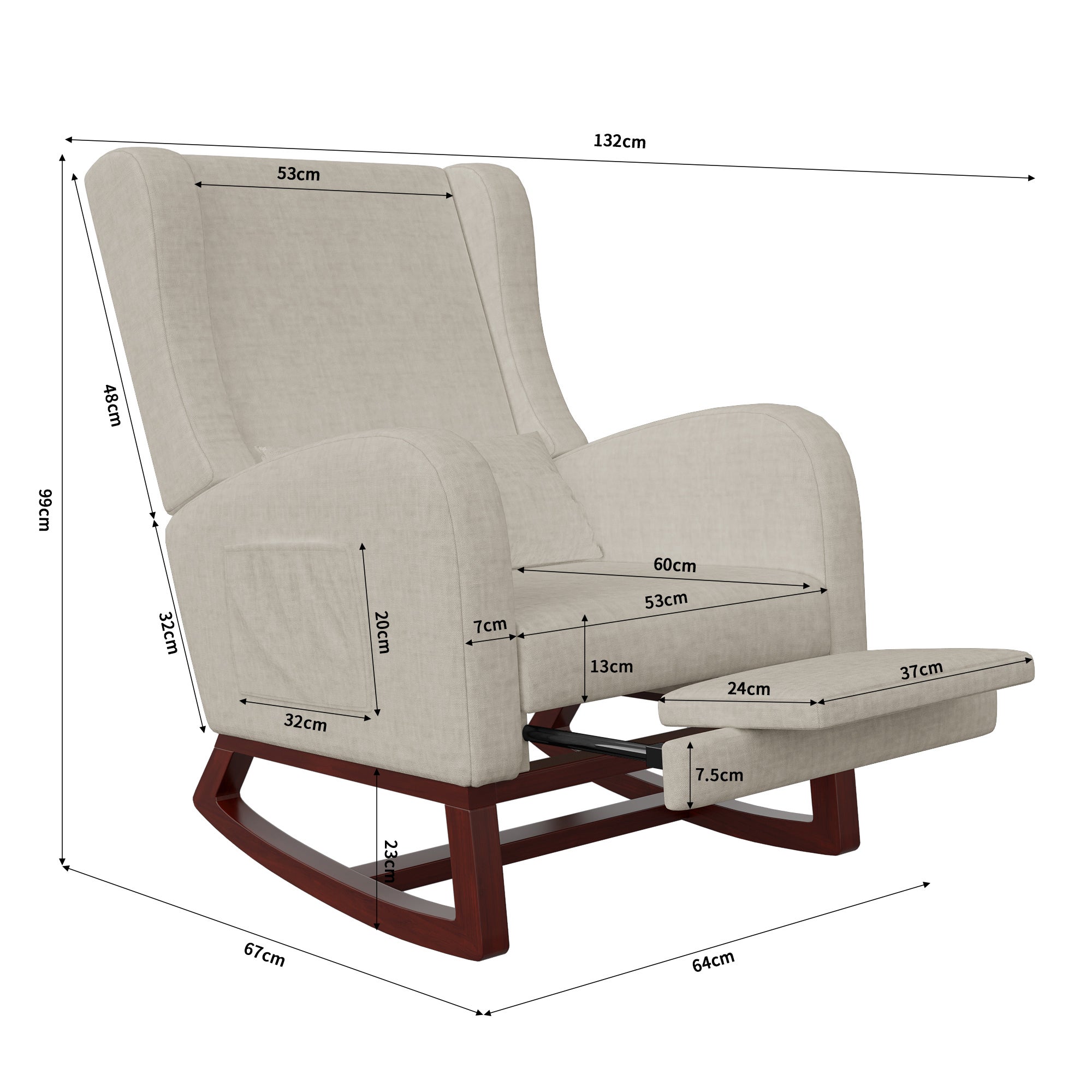 Fauteuil à Bascule avec Repose-Pieds, Chaise a Bascule Allaitement Rocking Chair intérieur extérieur Fauteuil allaitement avec Pocheen Bois, Beige - 2
