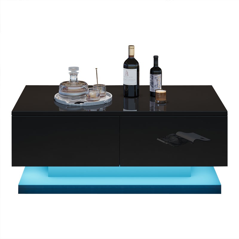 Stół kawowy wysoki połysk 90x50x38cm - z 2 szufladami - z oświetleniem LED - czarny - 6