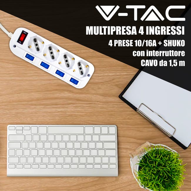 Ciabatta Multipresa V-TAC Con 7 Prese E Interruttore - Cavo 1,5m, Bianco - Per Casa, Ufficio E Negozio - Foto 10