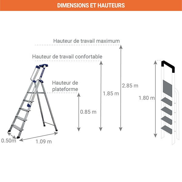 Escabeau 6 marches - Hauteur max. de travail 3.30m - 605206 - 2