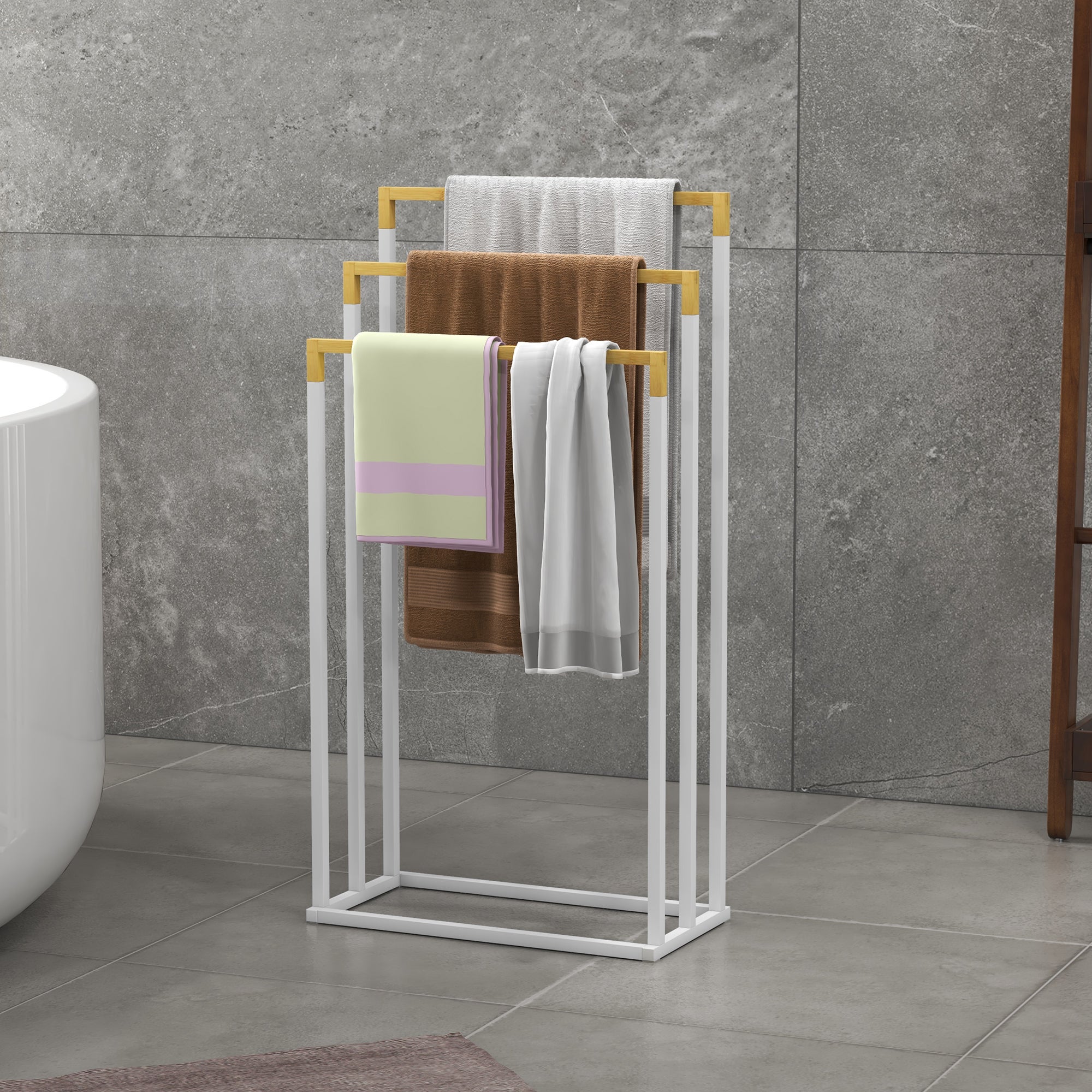 Kleankin Toallero Escalera Bambú, Acero Y Natural 45X22.5x86 Cm Blanco , Leroy Merlin
