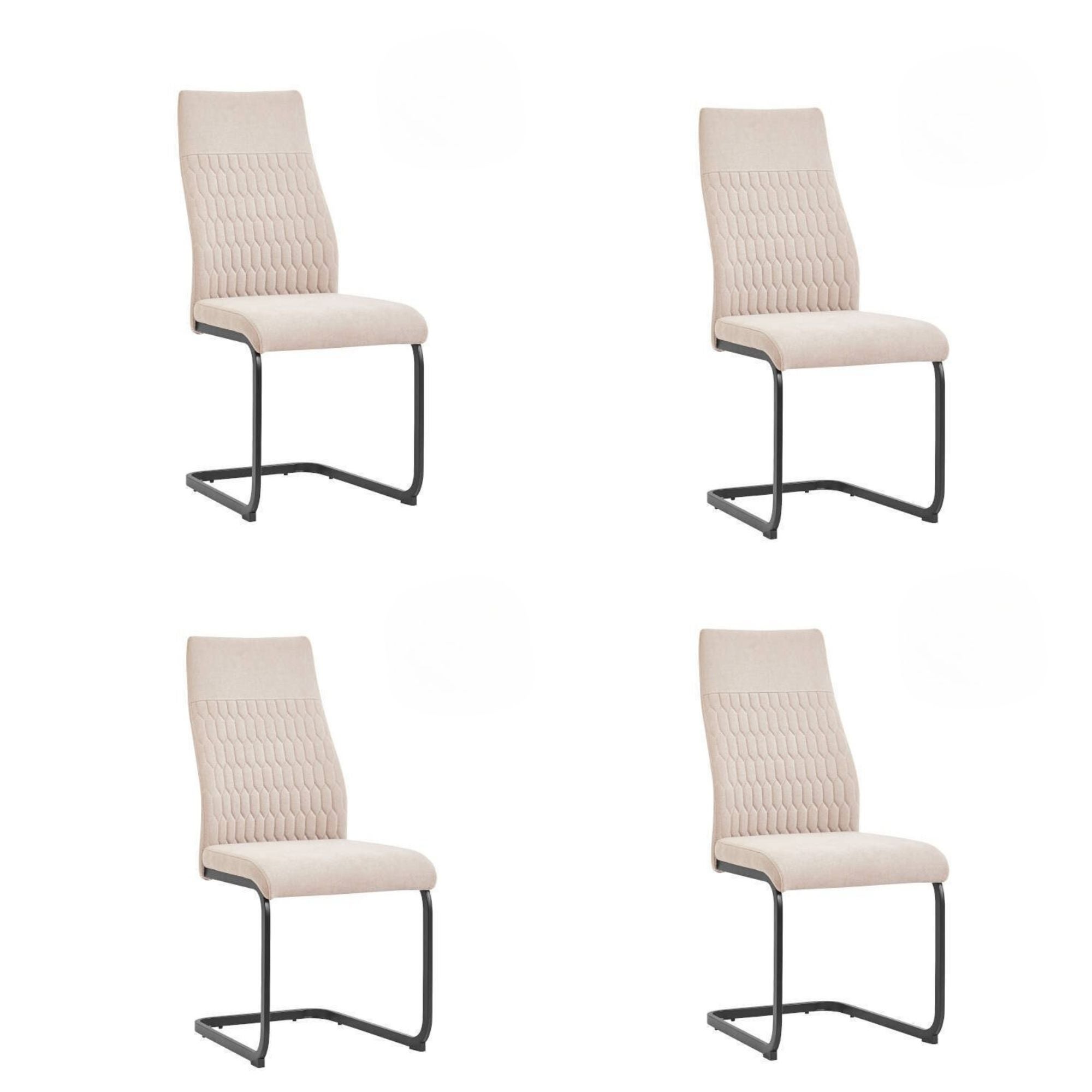 Pakiet 4 drewnianych krzeseł z piankowym wypełnieniem, tapicerowanych beżową tkaniną, czarne metalowe nogi, wymiary 44x60x99 cm