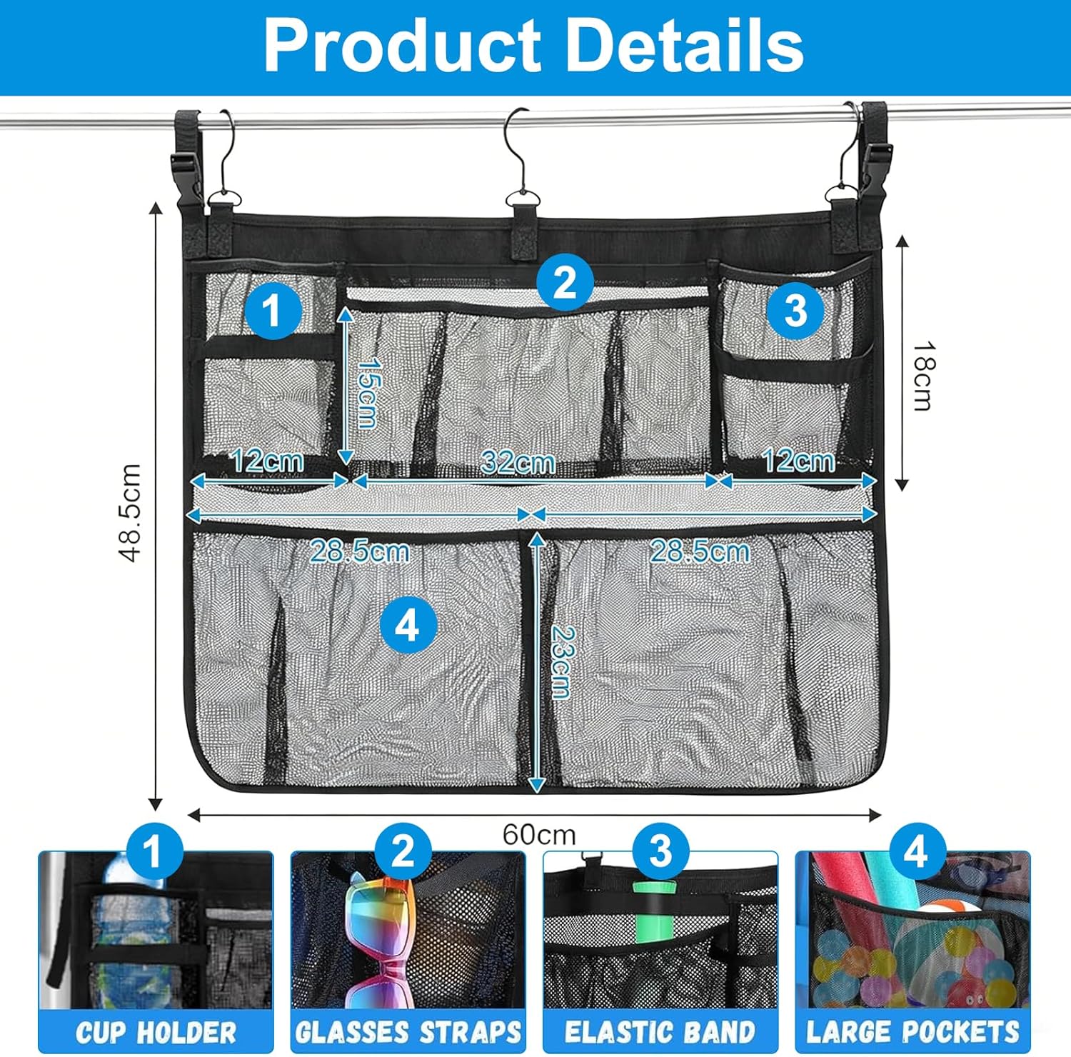 Filet de rangement pour flotteur de piscine (150 x 83,8 cm) – Organiseur de en maille XL au bord de la piscine, sangles réglables anti-affaissement, support flottant robuste pour radeaux et
