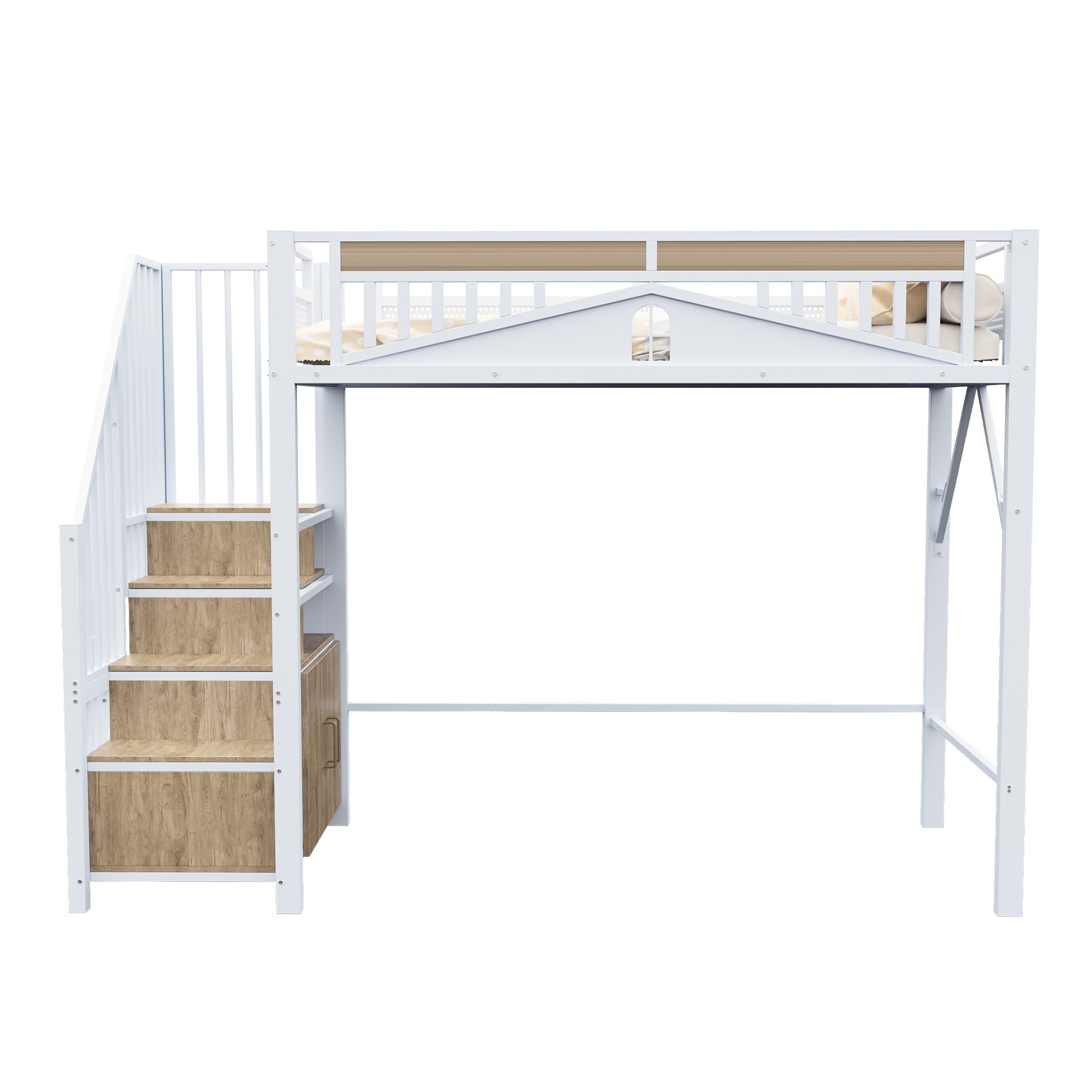 Lit mezzanine métallique 90x200 - avec barrière de sécurité unique, échelle avec penderie - Blanc - 4