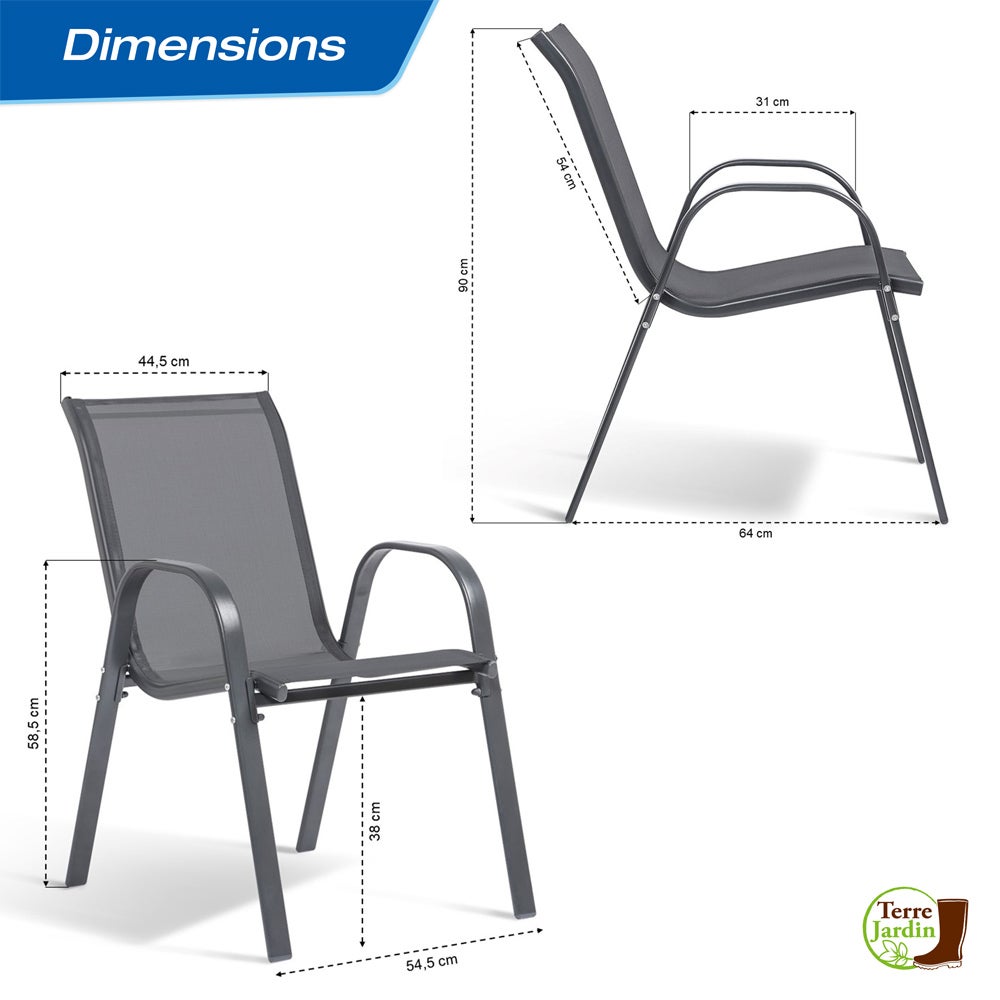 Chaises de jardin empilables - Lot de 4 - Gris Anthracite en textilène - pour l'extérieur - 9
