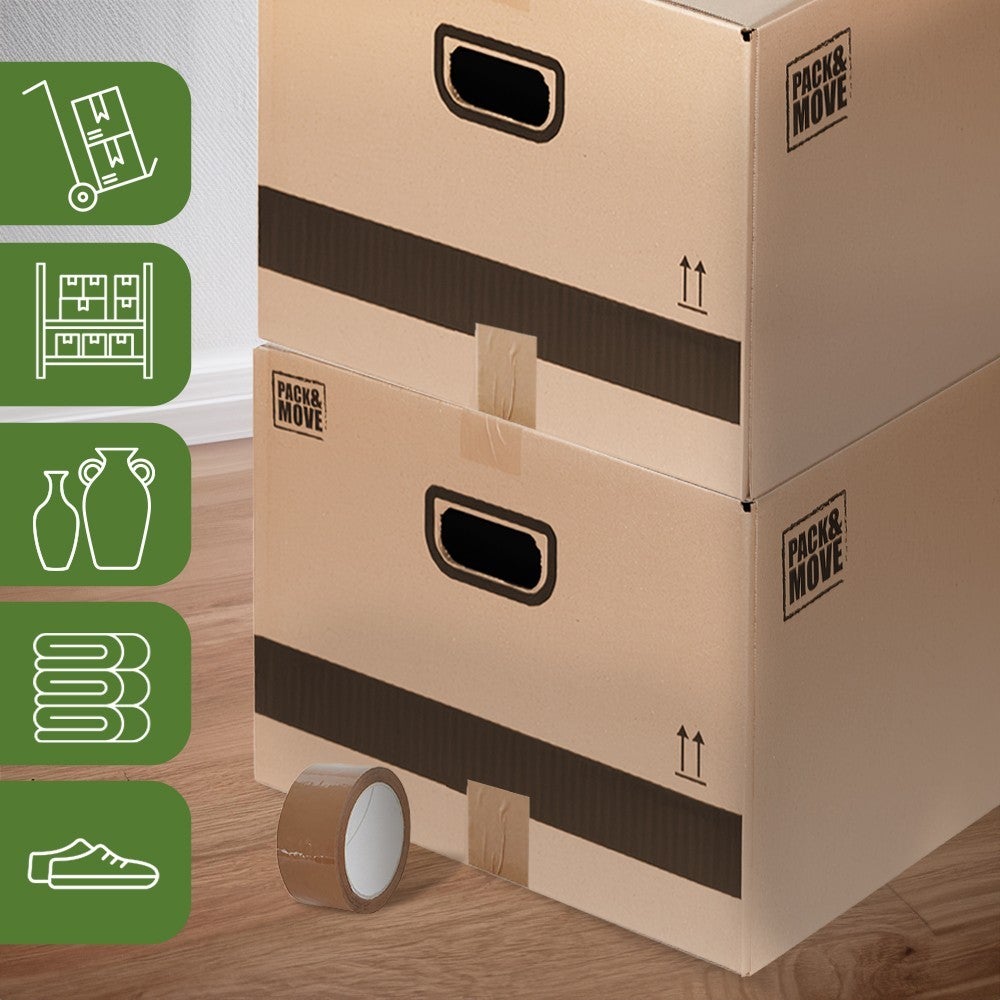 Pack and Move - Lot 20 cartons déménagement M - 60 x 40 x 30 cm - Poignées renforcées - 1 adhésif offert - 5