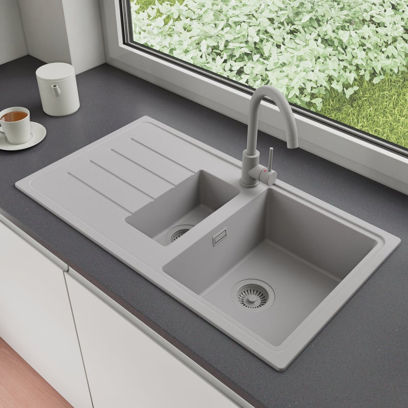 Zlewozmywak Granitowy 90x50cm, do szafki od 60cm + Bateria + Syfon - Ametyst Szary STONESTYLE