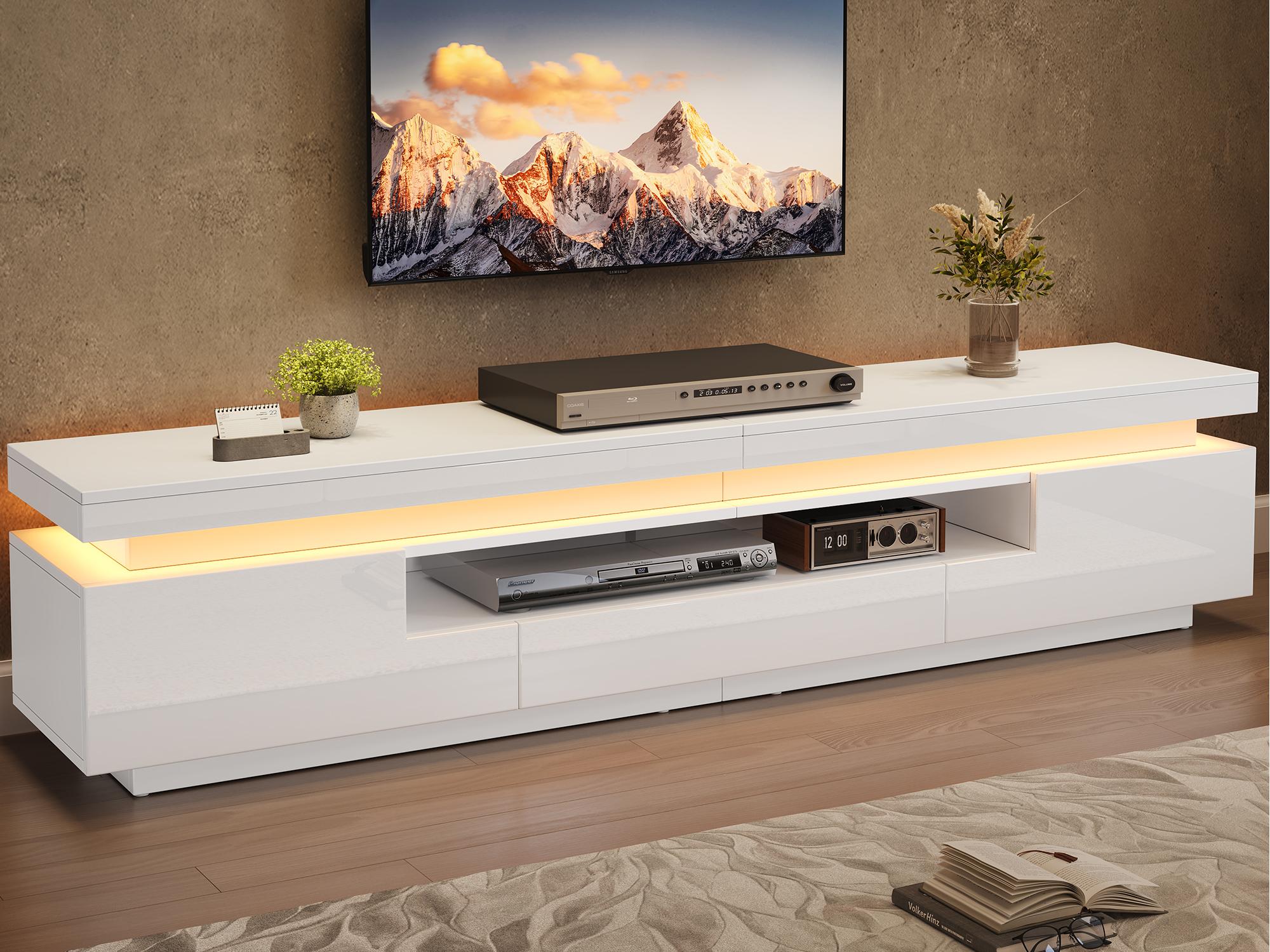Stolik pod TV 175x38x45cm - z 2 drzwiami i 1 szufladą - z oświetleniem LED - wykończenie błyszczące - kolor biały