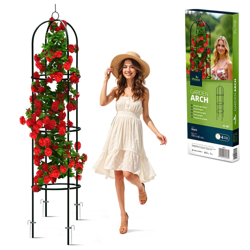 Pergola ogrodowa kolumnowa metalowa czarna na kwiaty róże 200x40cm + kotwy Plonos