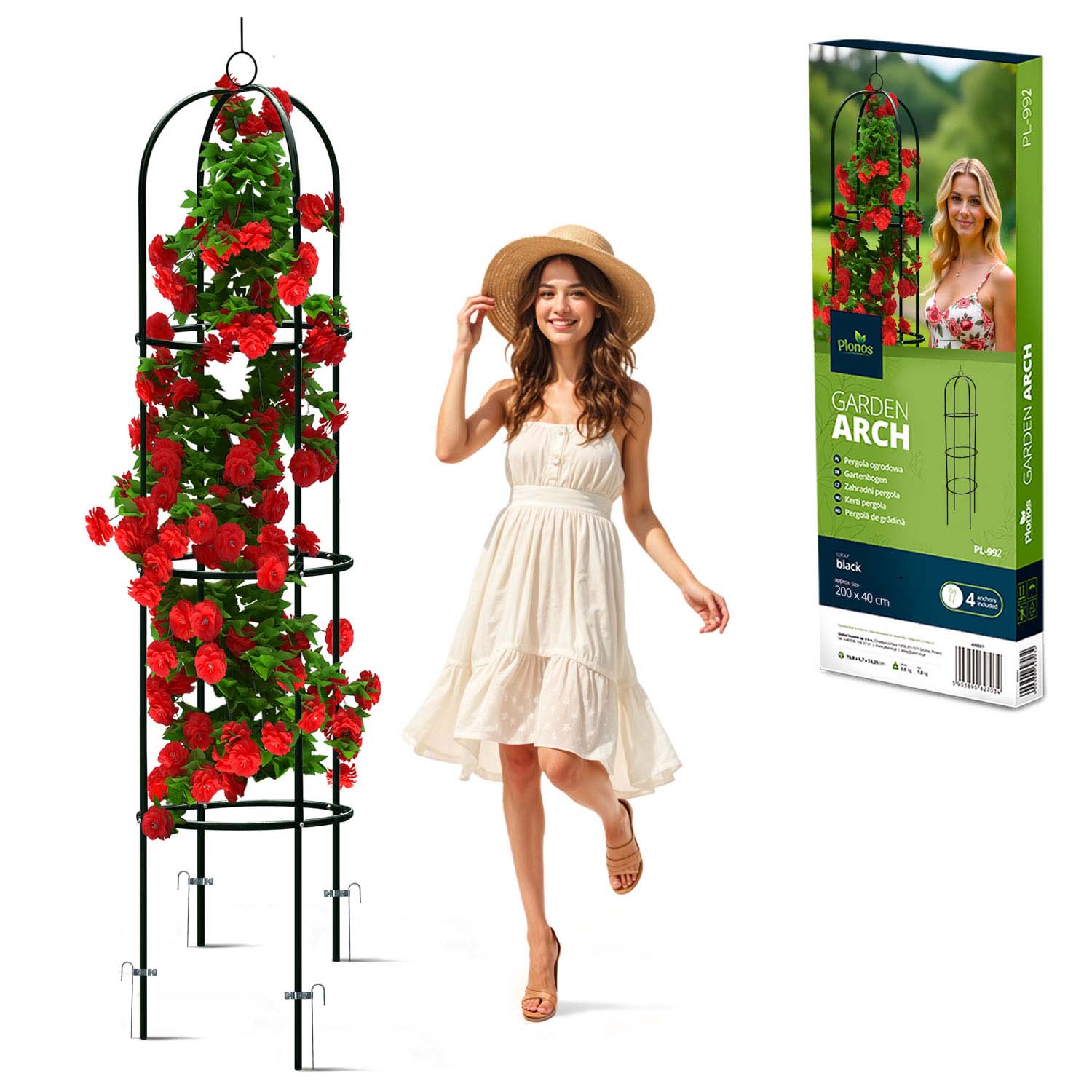Pergola ogrodowa kolumnowa metalowa czarna na kwiaty róże 200x40cm + kotwy Plonos