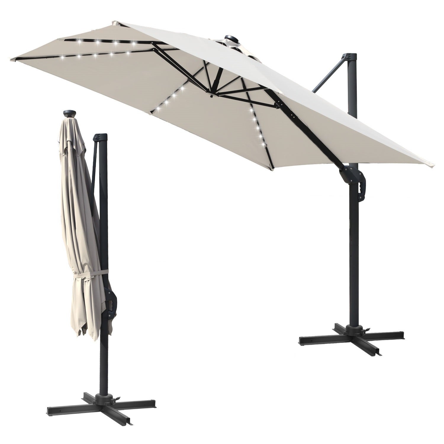 Składany parasol 3 x 3 m, podstawa obrotowa 360°, ochrona UV 50+, LED, beżowy