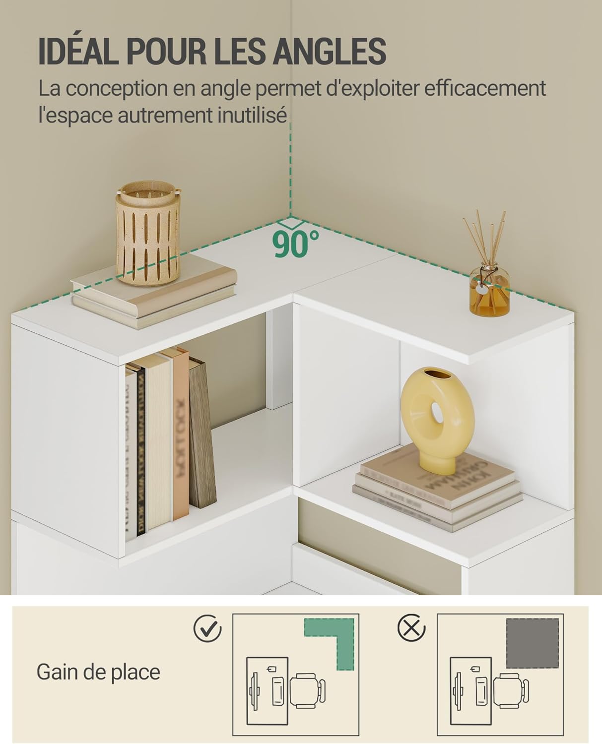 Bibliotheque, Bibliothèque d'angle à 7 Niveaux, étagère d'angle en Forme de L, Armoire d'angle pour Salon, Chambre, Bureau,Blanc - 4