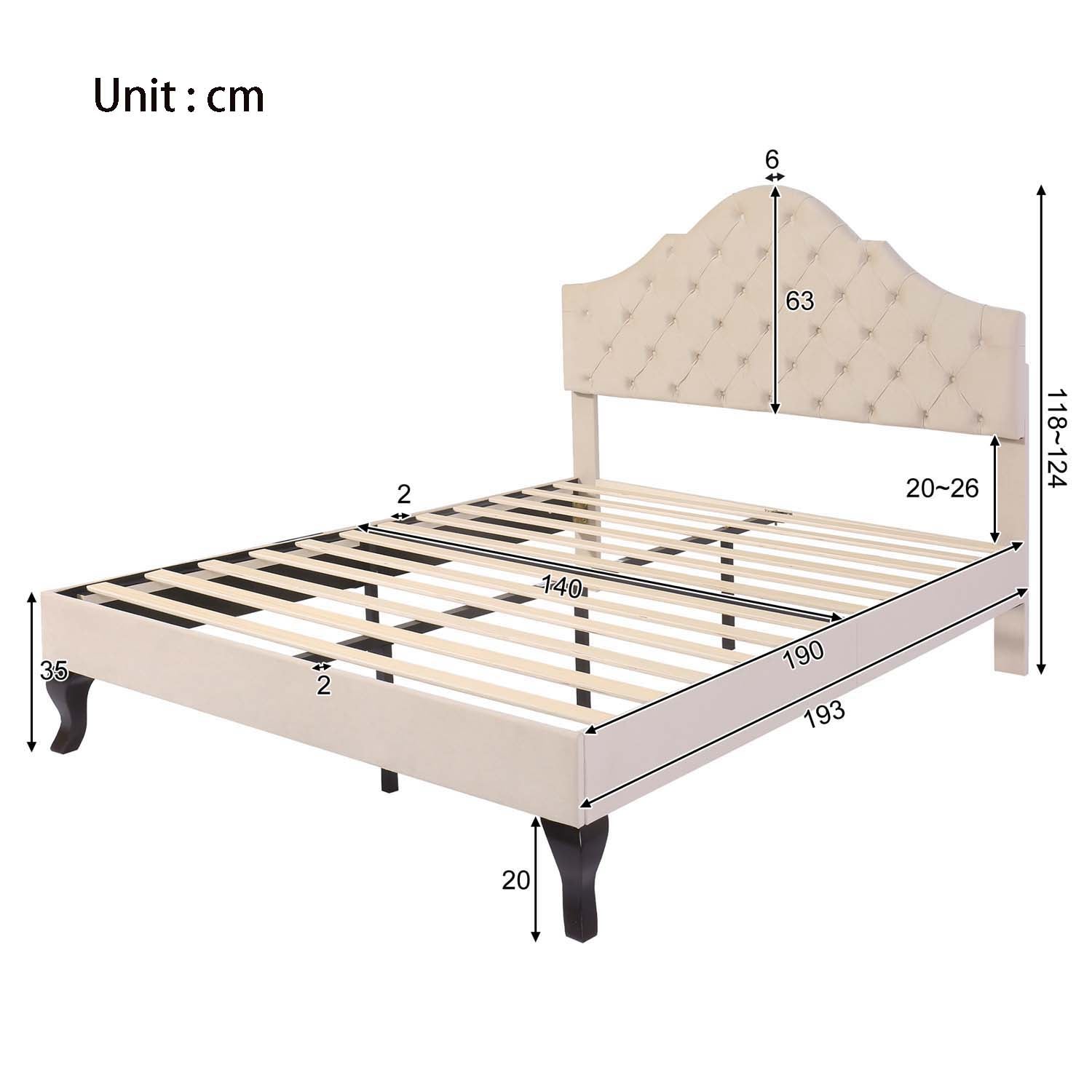 Cama tapizada 140x190cm en terciopelo con cabecero regulable + somier - Beige - 5