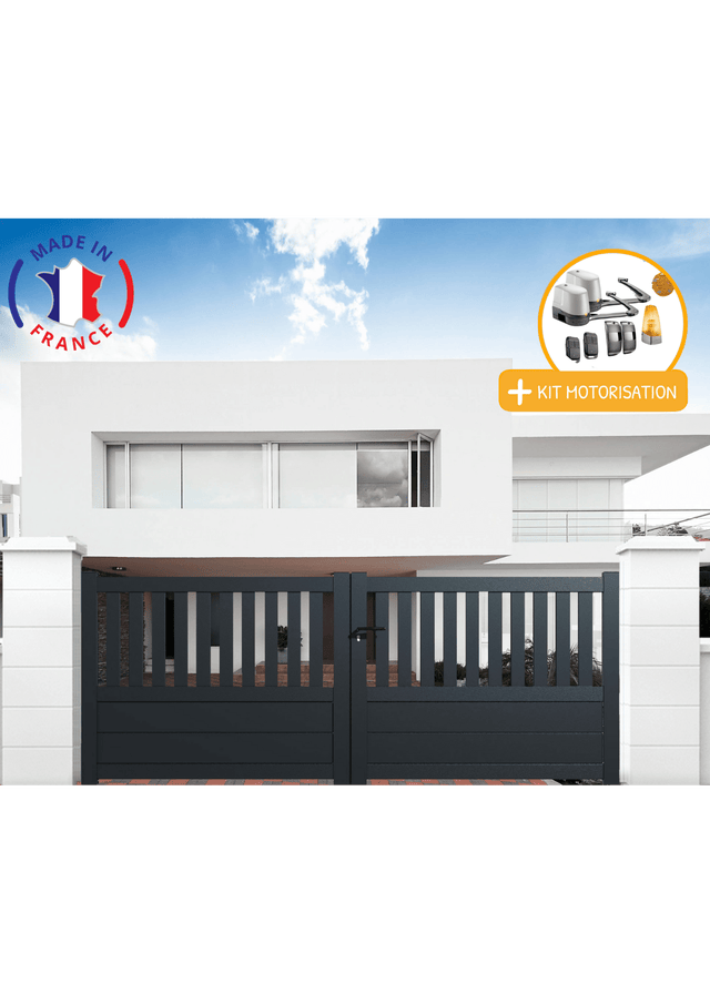 Portail aluminium battant semi-ajouré en kit + Motorisation dimensions L.3500 (entre piliers) X H.1300 mm LOCKYVIA (à bras) Couleurs Gris (RAL 7016)