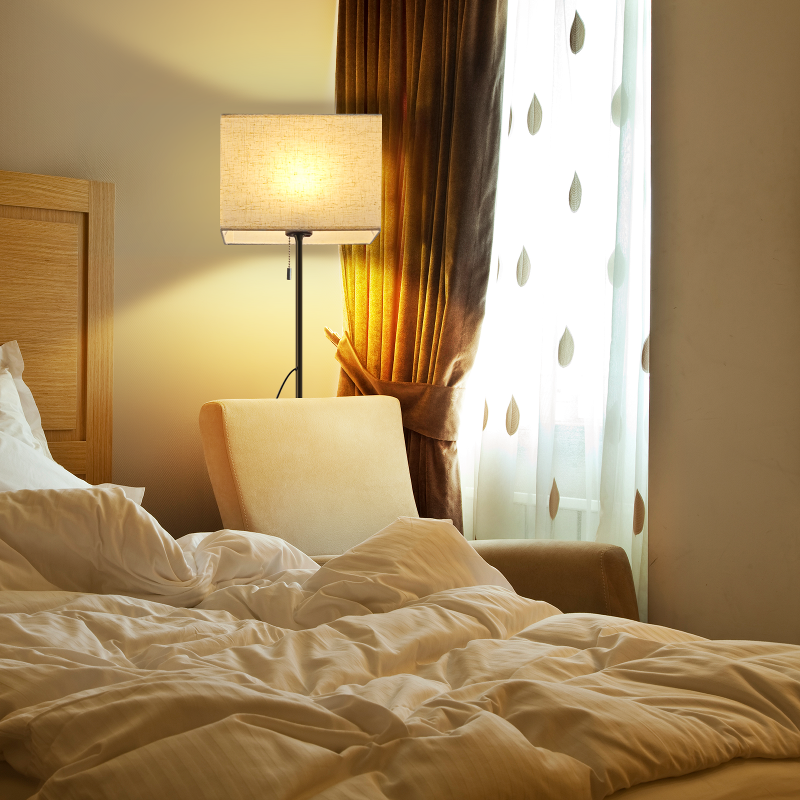 NETTLIFE Lampadaire LED à Intensité Variable Rétro Abat-jour En Tissu Pour Salon, Avec Interrupteur à Tirette - 4