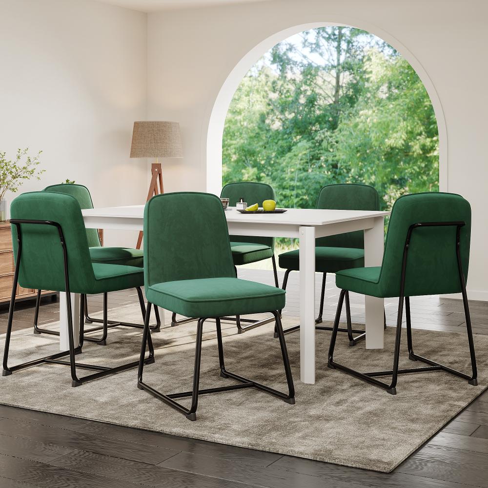 Zestaw 6 zielonych aksamitnych krzeseł z ergonomicznym oparciem i czarnymi metalowymi nogami do jadalni lub salonu