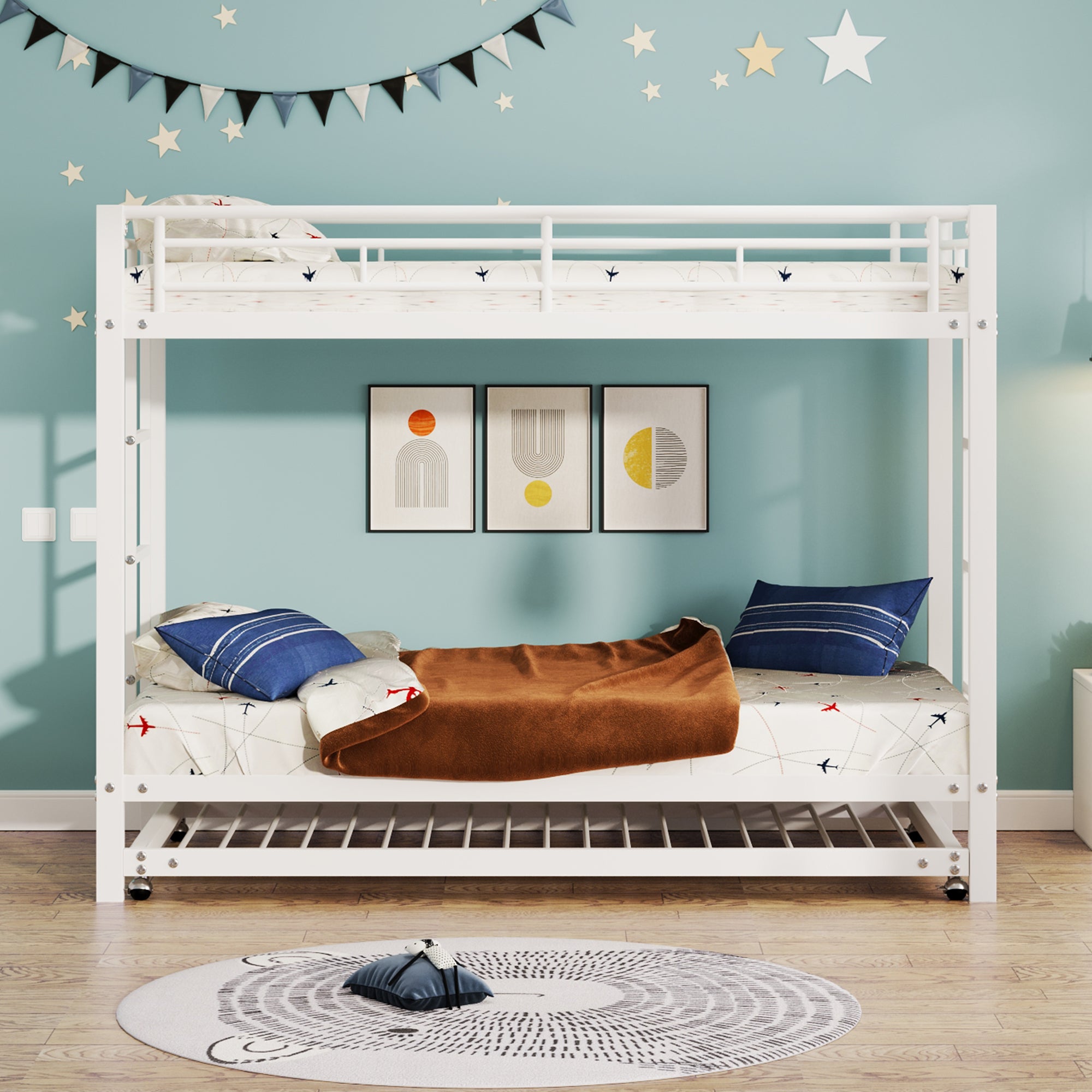 Letto a castello 90 x 200 cm, letto con struttura in ferro, letto per bambini, dotato di letto estraibile, sponde alte, costruzione robusta, bianco - 2