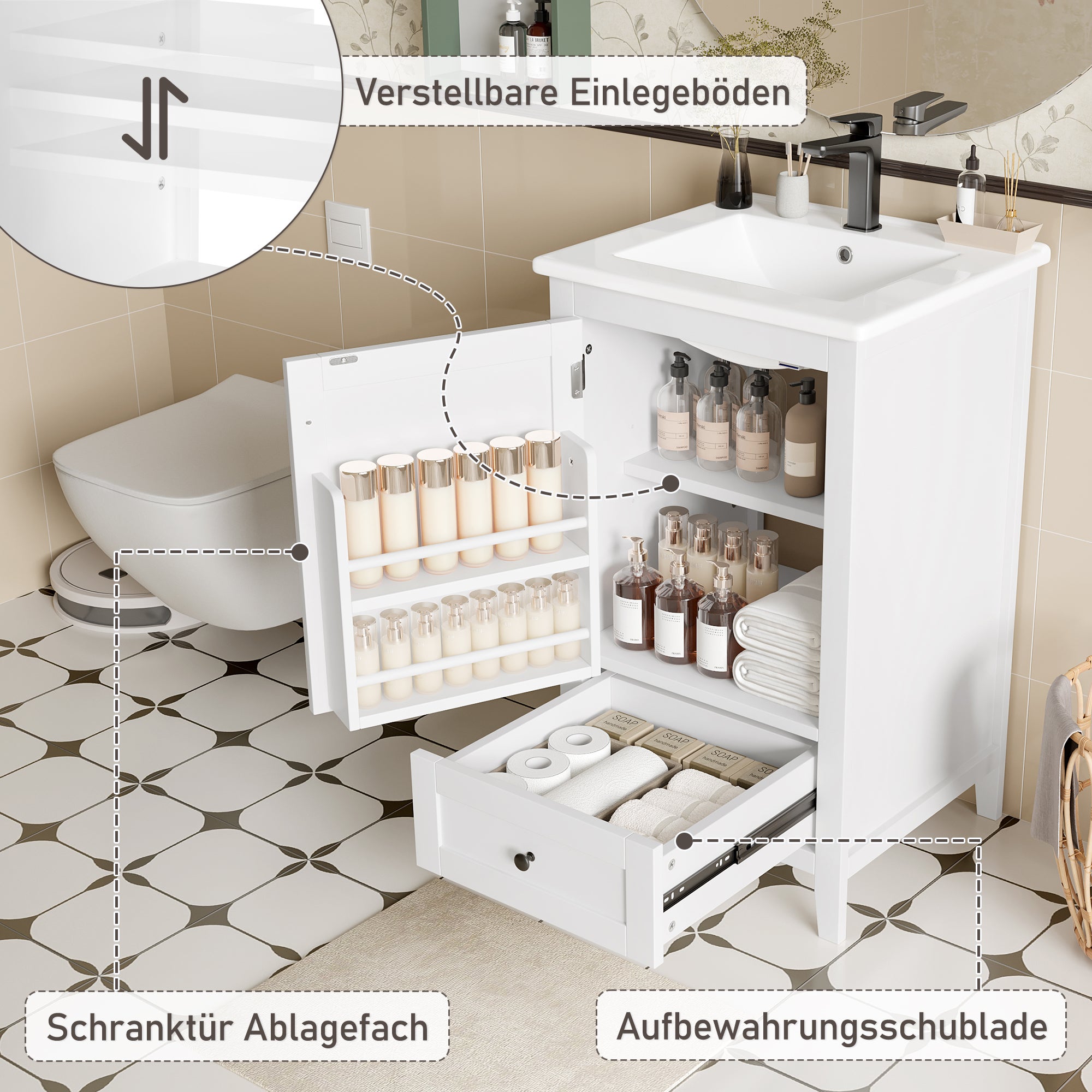 Meuble de salle de bain sur pied 51 x 46 x 85 cm avec vasque, tiroir silencieux grande capacité, étagère réglable - 5
