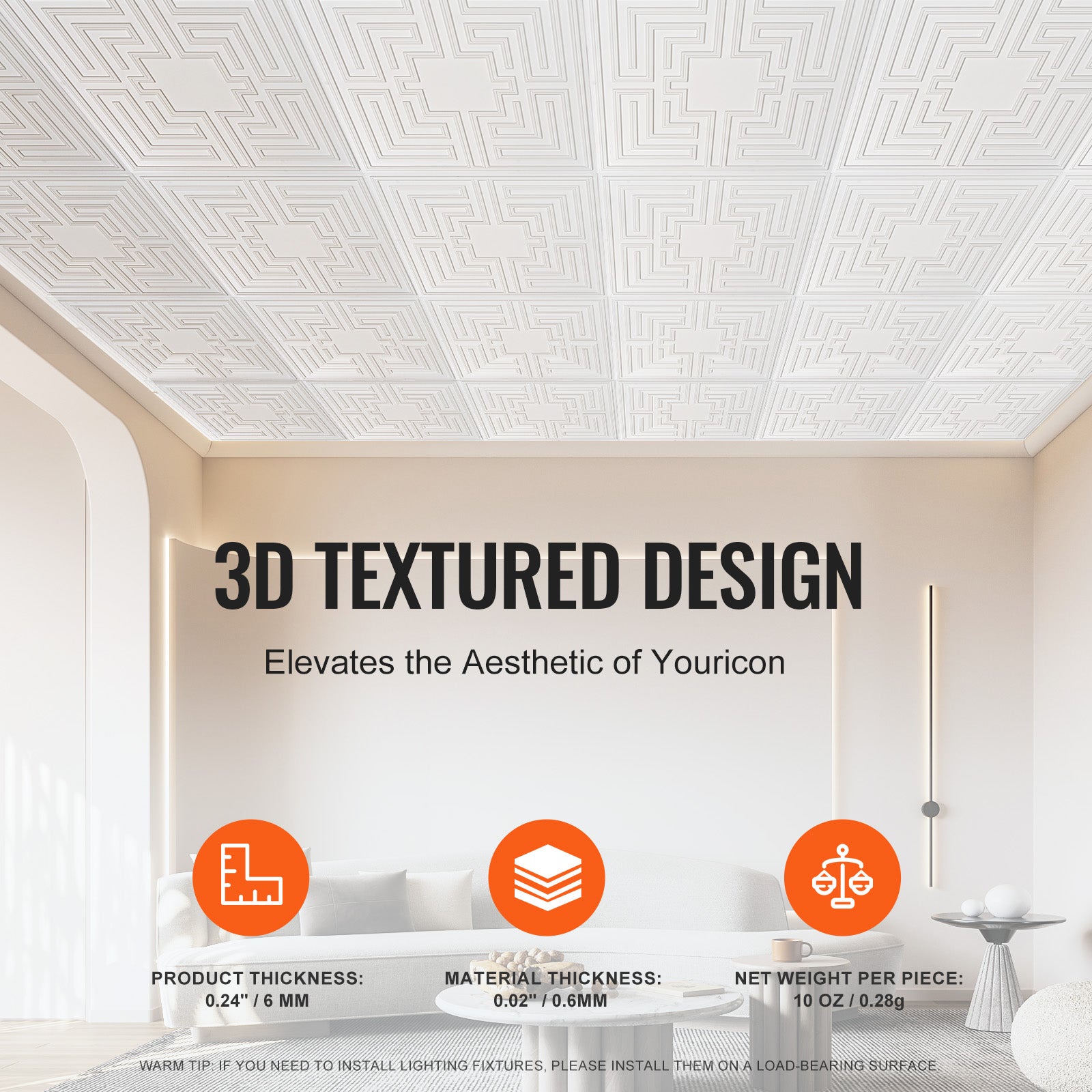 Plaques de plafond SucceBuy lot de 12 en PVC 605x605 mm, motif Echo blanc, découpe facile, pose avec colle pour maison et bureau - 6