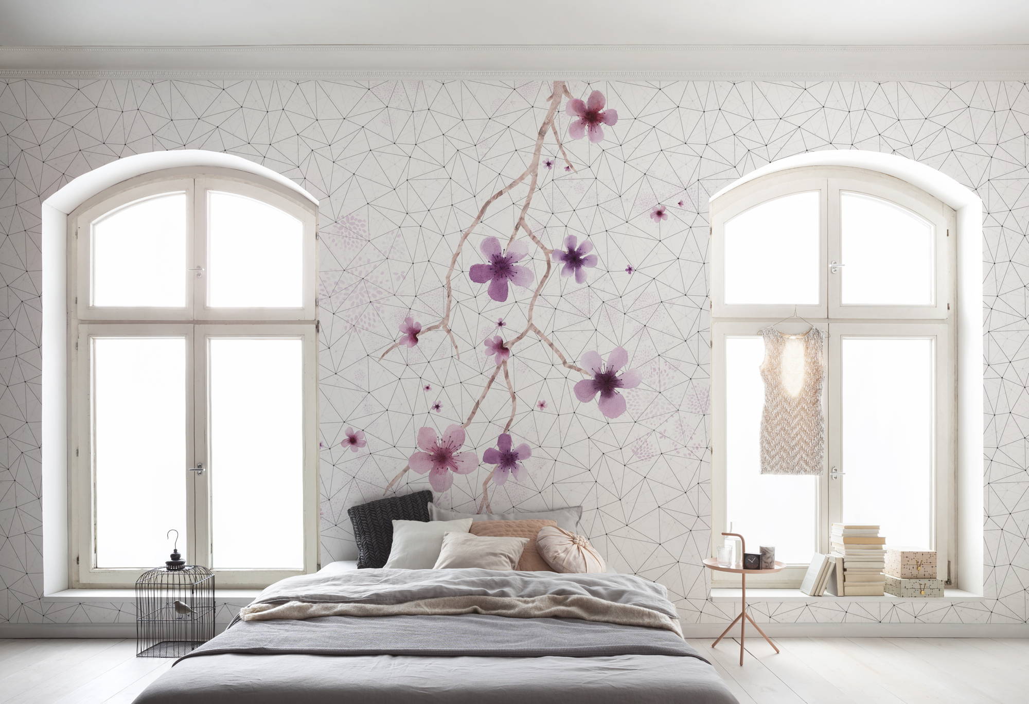 Fototapeta kwiaty wiśni czarno-białymIróżowym - 200 x 250 cm - SANDERS &amp; SANDERS