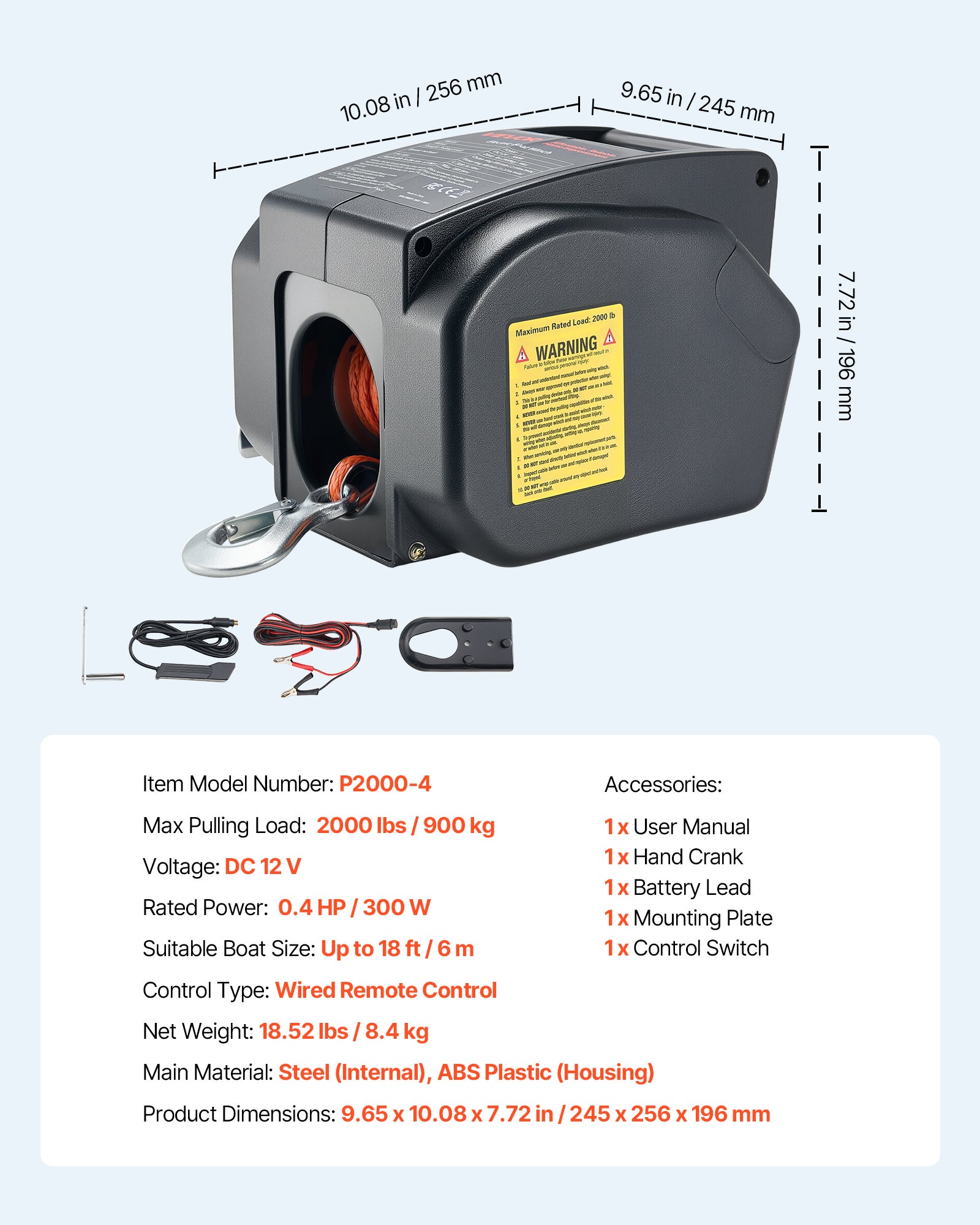 Treuil Électrique pour Bateau VEVOR 12V 300W, Charge 900 kg, Treuil Réversible pour Remorque 6 m avec Télécommande Filaire & Manivelle - 7