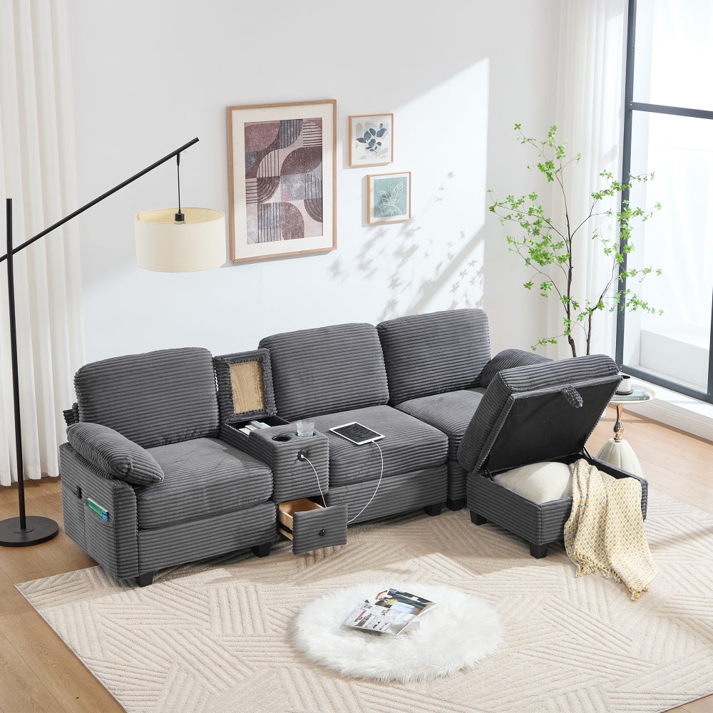 Duża sofa z kordu z pianką zapewniającą wygodę, konsolą centralną, portem USB-C i pufem ze schowkiem, szara