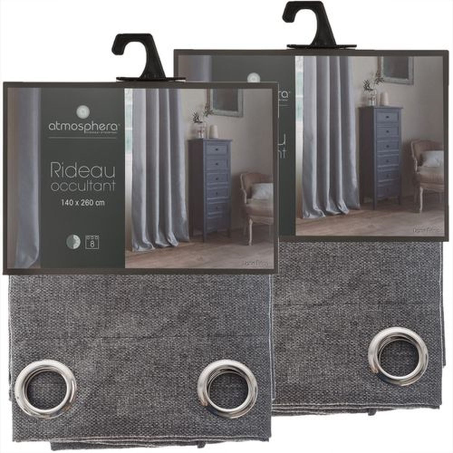 Lot De 2 Rideaux Occultants Avec Œillets - Gris Et Blanc - 140 X 245 Cm