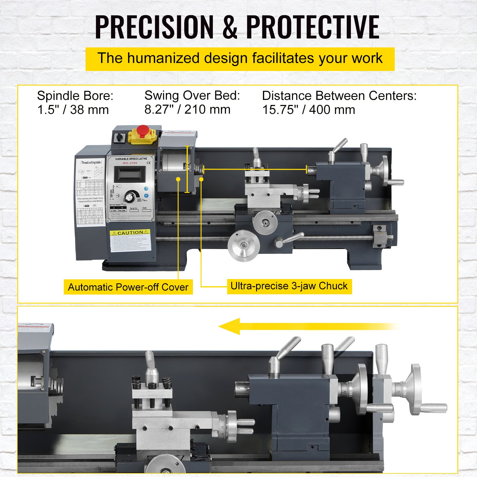 Tour à Métaux VEVOR 210x400 mm Mini Tour à Bois Affichage Numérique Vitesse Variable 50-2500tr/min Kit Tour Métal Outils Mesure pour Travaux Précision - 5