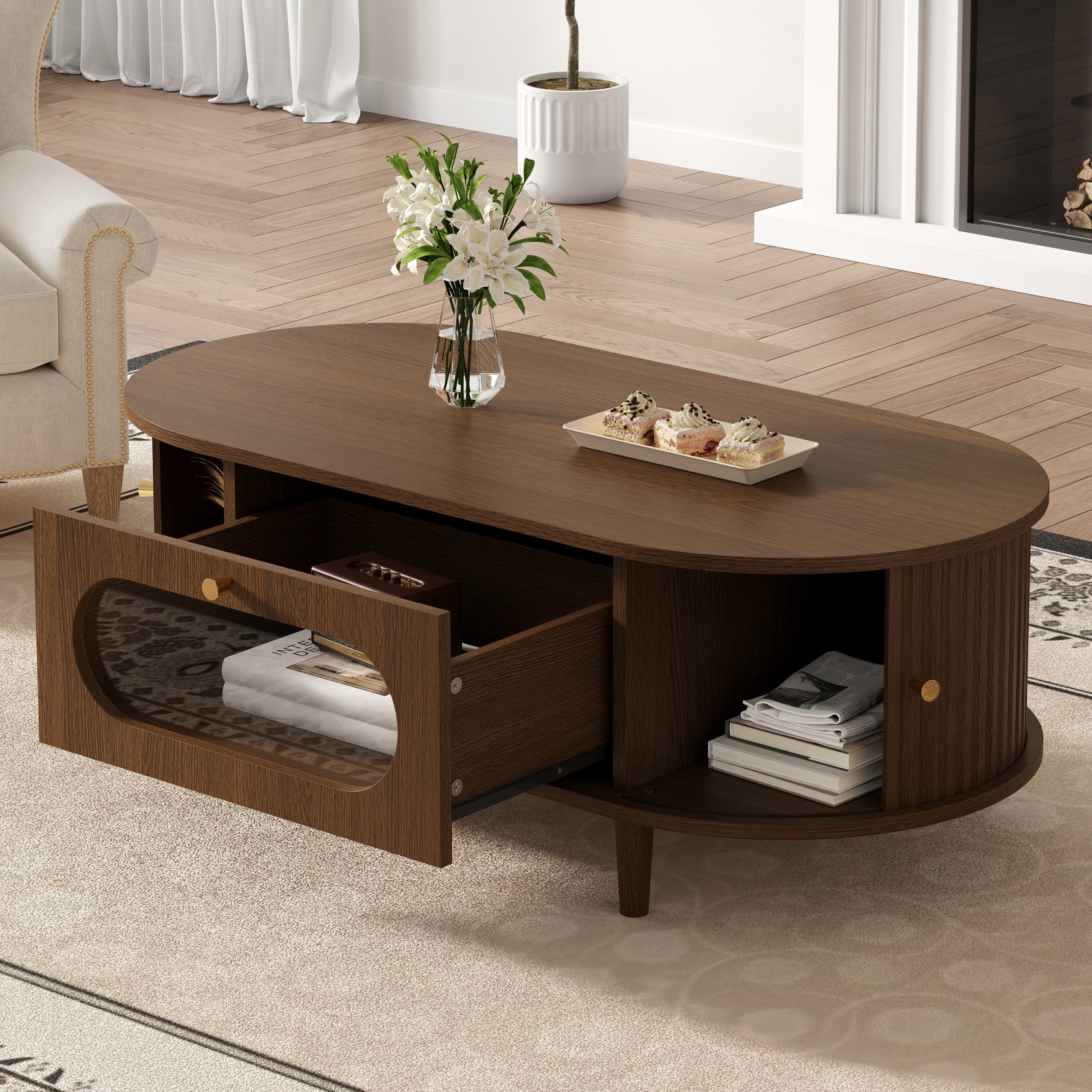 Owalny stolik kawowy z 2 drzwiami przesuwnymi i 1 szufladą - 100 x 50 x 36 cm - MDF - Orzech - 3