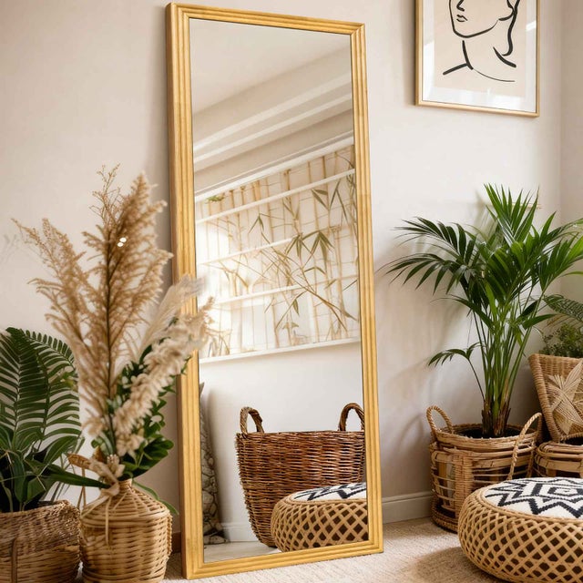 Miroir pleine longueur 160×50cm HD sans distorsion avec cadre en bois massif et pied réglable pour chambre, salon et dressing