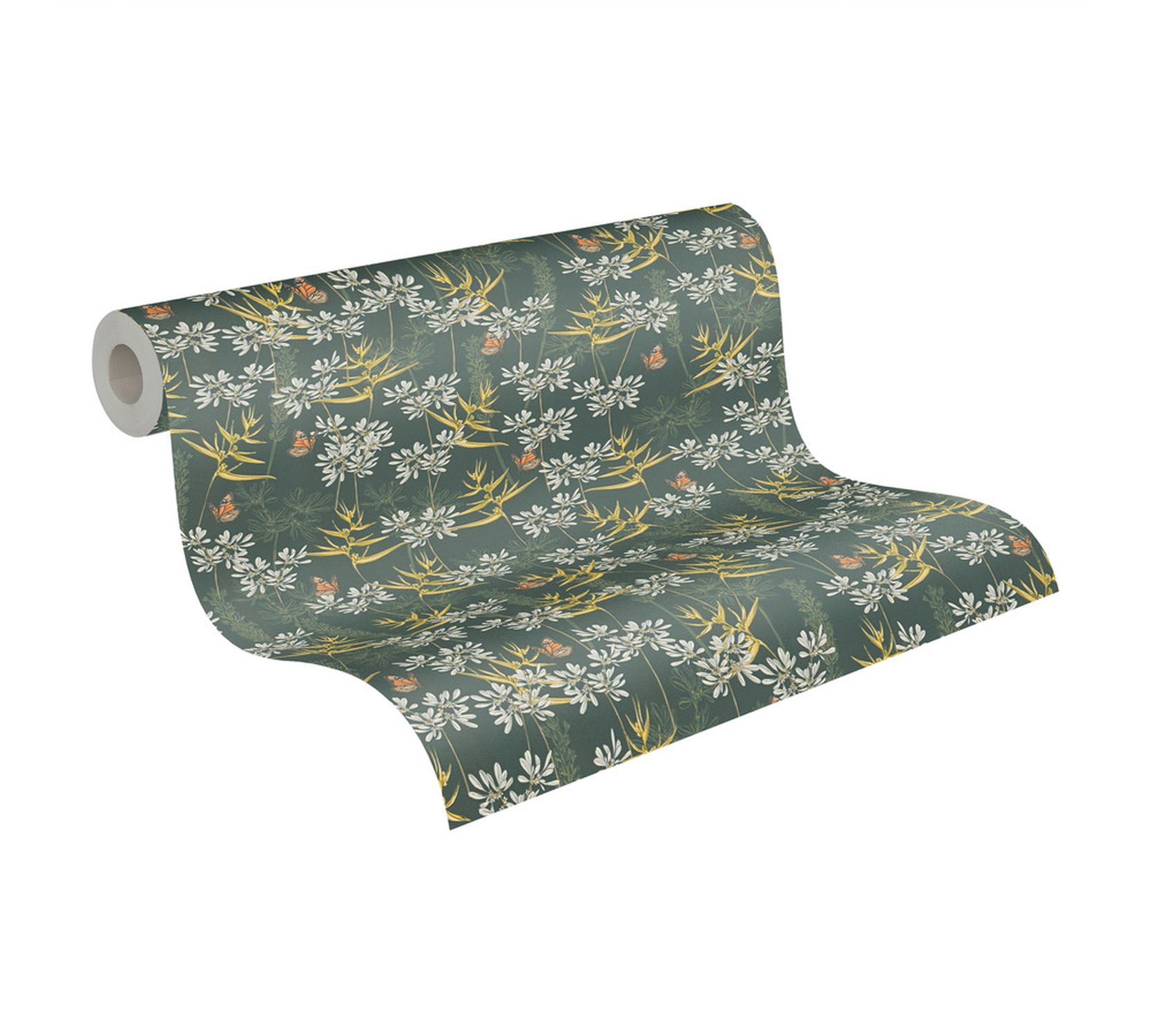 Tapeta rośliny petrol blue,żółtym,białymIpomarańczowym - 53 cm x 10.05 m - LIVINGWALLS