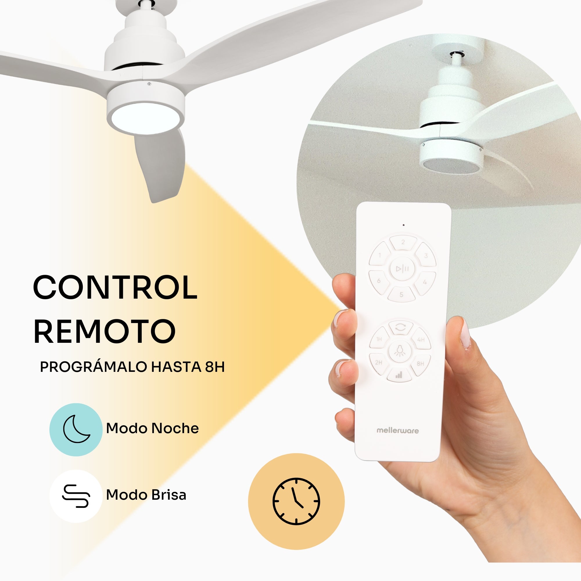 Mellerware - Ventilateur de plafond Brizy Bright | 30 W | 6 vitesses | Ultra silencieux | 3 pales Ø132 cm | Fonction été/hiver | LED | Blanc - 5