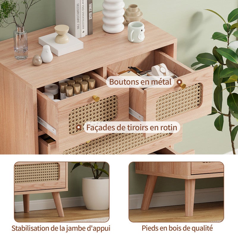 Commode à 5 tiroirs, structure en bois, finition rotin, buffet, meuble de rangement, couleur bois naturel - 6