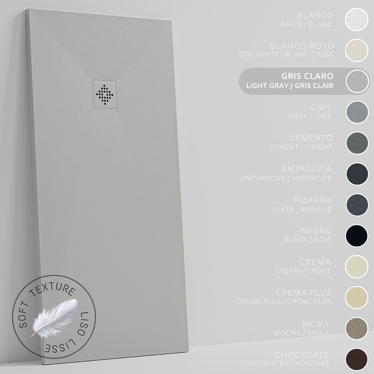 Plato de ducha - resina - gel coat - textura liso seda - antideslizante - color gris claro - 120x80- extraplano 3cm. rejilla mismo color