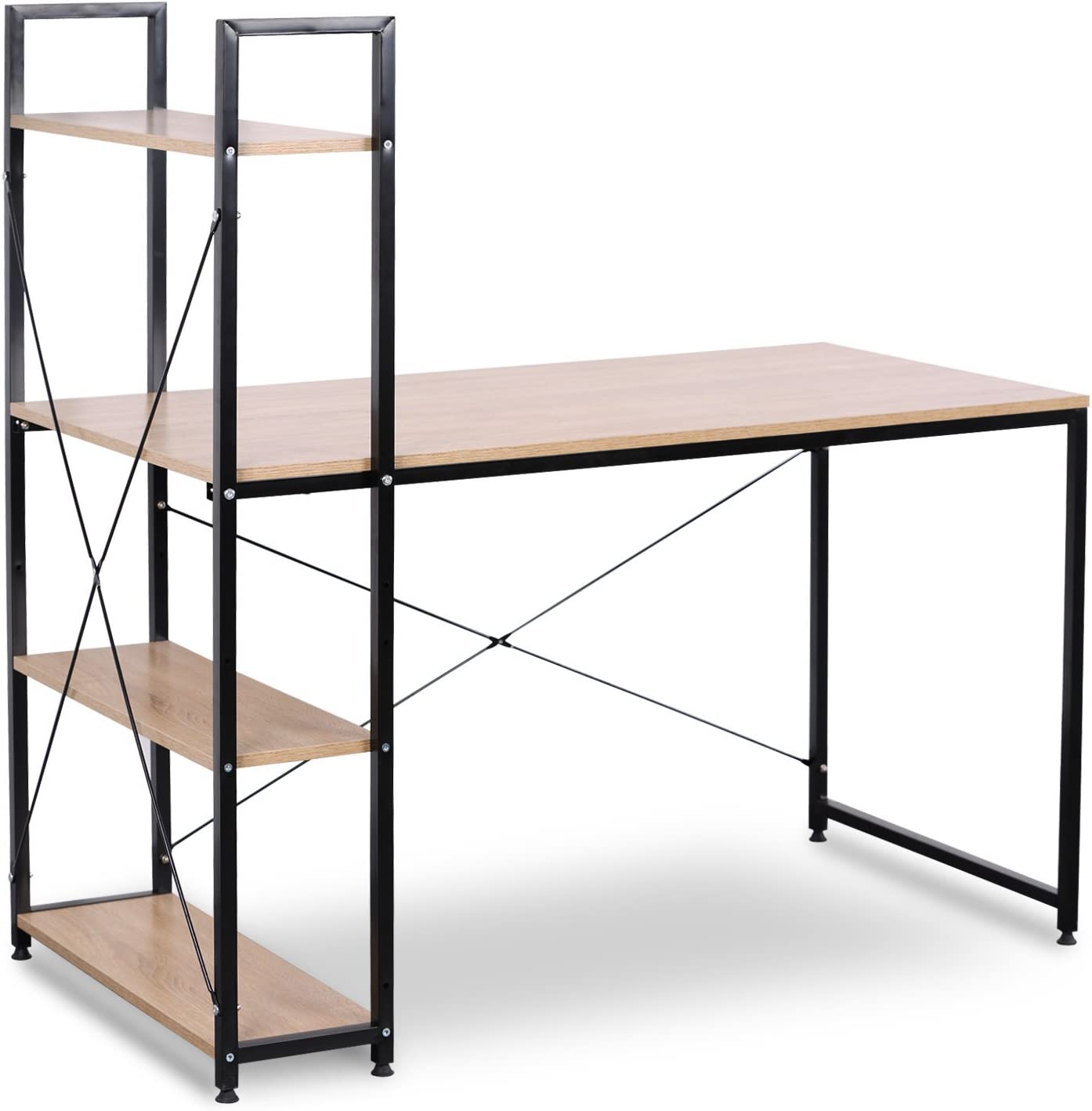 Table de Bureau avec étagère de Rangement Bureau d'ordinateur Stable et Robuste env,120x64x120 cm,Noir+Chêne Clair,WOLTU - 4