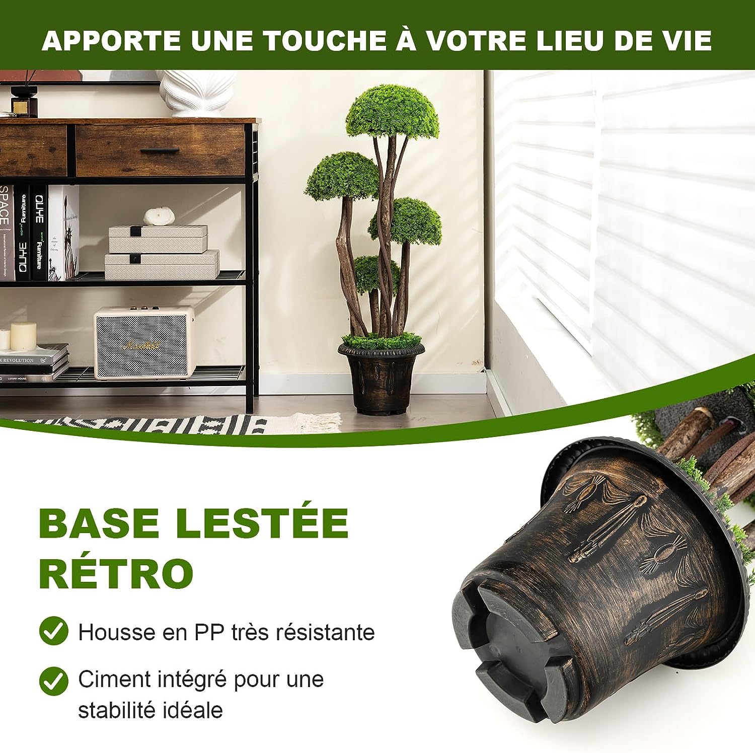 Albero Artificiale 90 CM, Cipresso Finto da Interno ed Esterno con Tronco in Rattan e Vaso Riempito di Cemento, Pianta Artificiale Realistica - 4