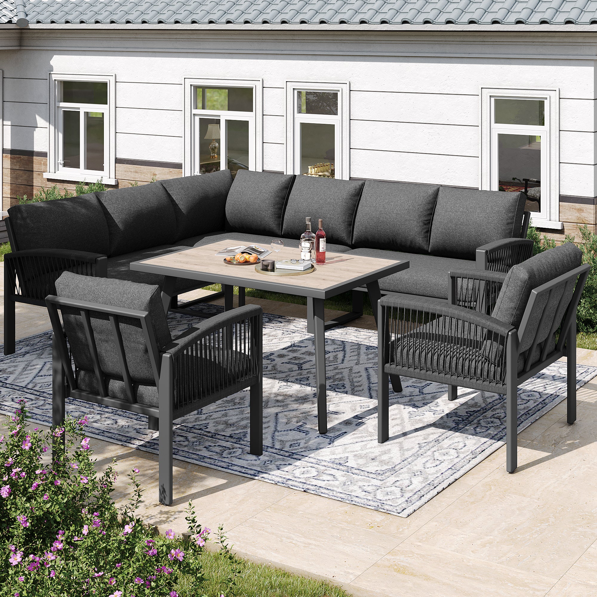 Ensemble de meubles de jardin pour 8 personnes, Salon de jardin Exterieur en fer avec table imitation bois- Pieds réglables - Coussins inclus - gris - 2