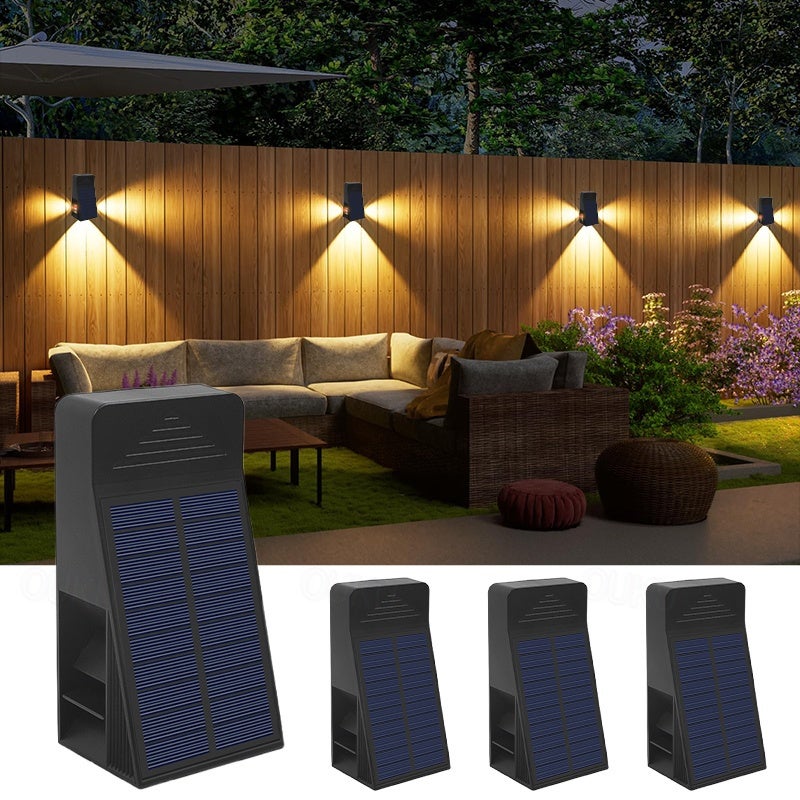 Zestaw 4 lamp solarnych zewnętrznych na ogrodzenie, wodoszczelność IP65, idealne na ogrodzenie, taras i patio, światło białe ciepłe